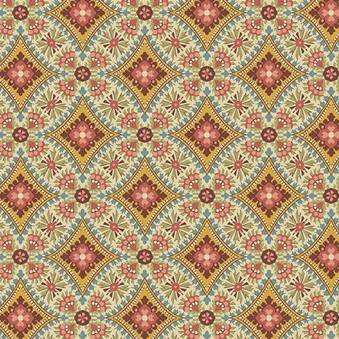 Farmer's Daughter Amber Fields fabric with vintage floral diamond pattern in sky blue and warm tones