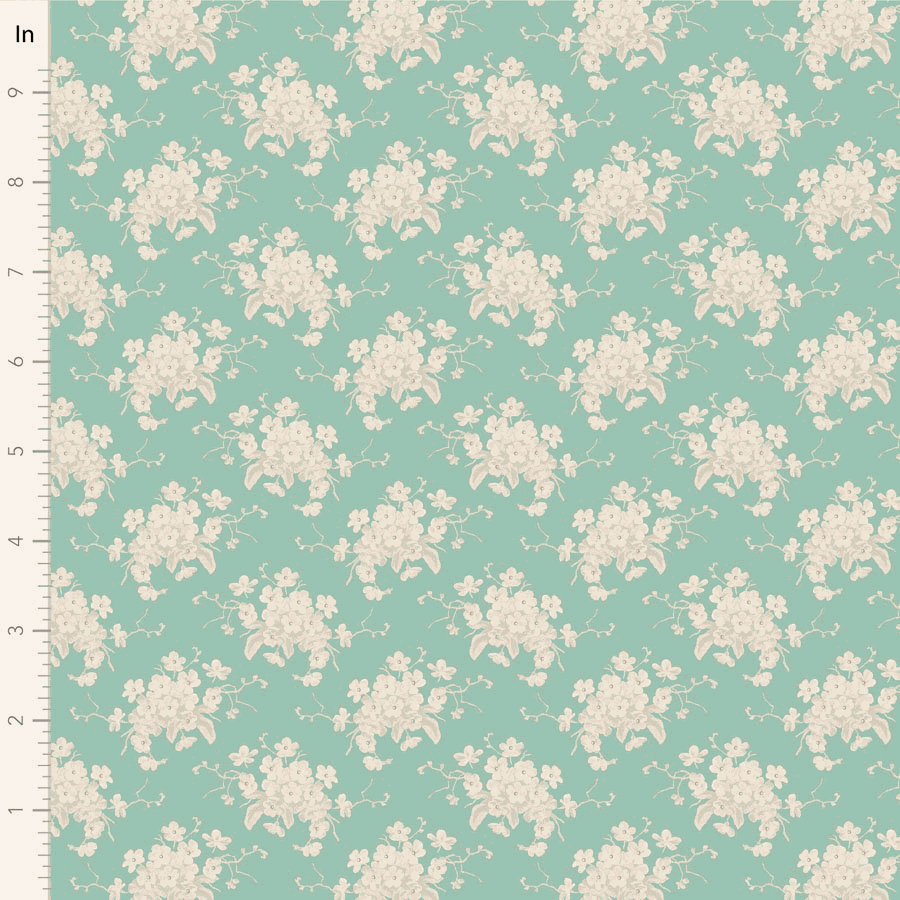 Sunday Brunch by Tilda white floral fabric on teal background with vintage charm and garden brunch motifs