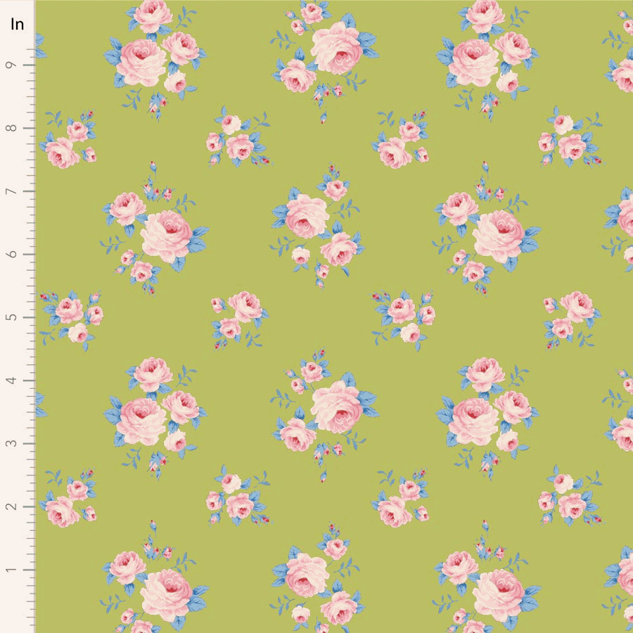 Sunday Brunch by Tilda fabric with vintage pink floral pattern on lime green background sold by half yard