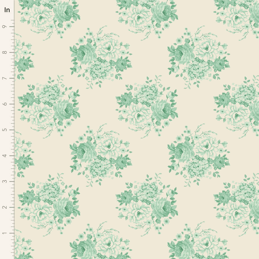 Sunday Brunch by Tilda Mia Teal fabric with vintage floral design sold in half-yard increments
