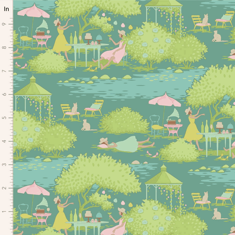 Sunday Brunch by Tilda fabric teal with vintage garden brunch scenes and florals