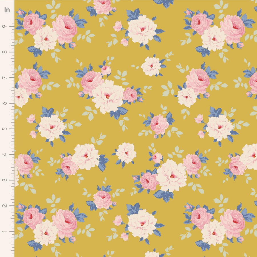 Sunday Brunch by Tilda Pernille Yellow fabric with pink floral pattern on mustard background sold by half yard