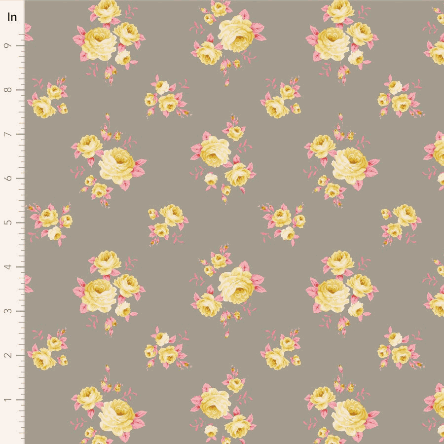 Sunday Brunch by Tilda Mille Grey fabric with yellow and pink floral prints on grey background