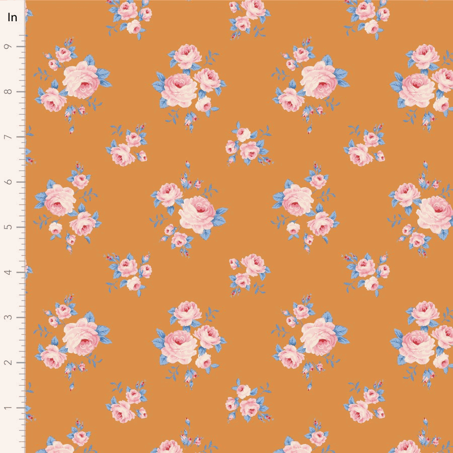 Sunday Brunch by Tilda Mille Ginger floral fabric with vintage charm and soft pink flowers on warm orange background