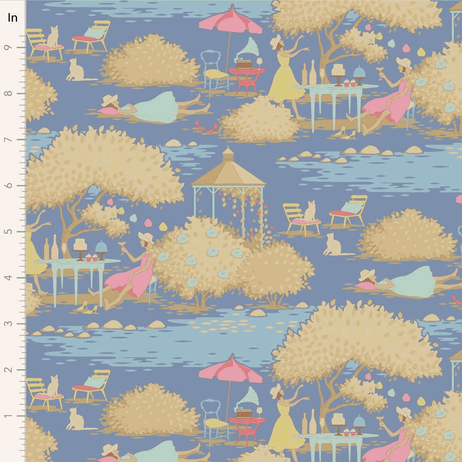Sunday Brunch by Tilda fabric with vintage floral and garden brunch motifs on blue background, sold in half-yard increments