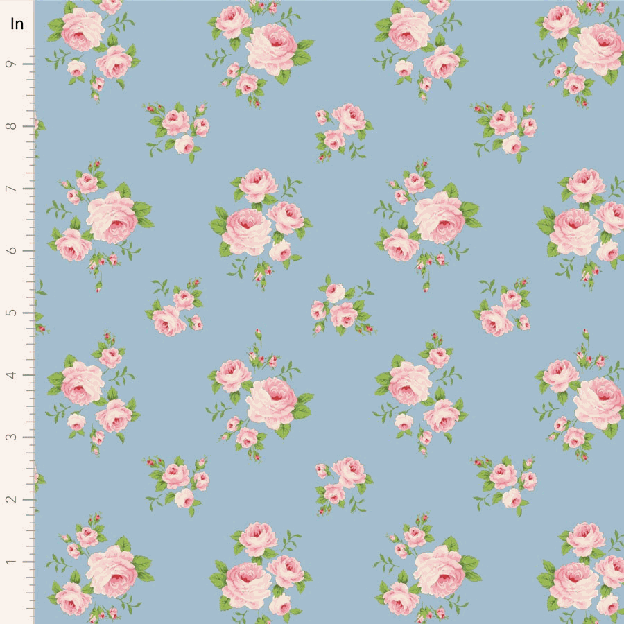 Sunday Brunch by Tilda Mille Sky fabric with pink floral pattern on blue background sold in 1/2 yard increments