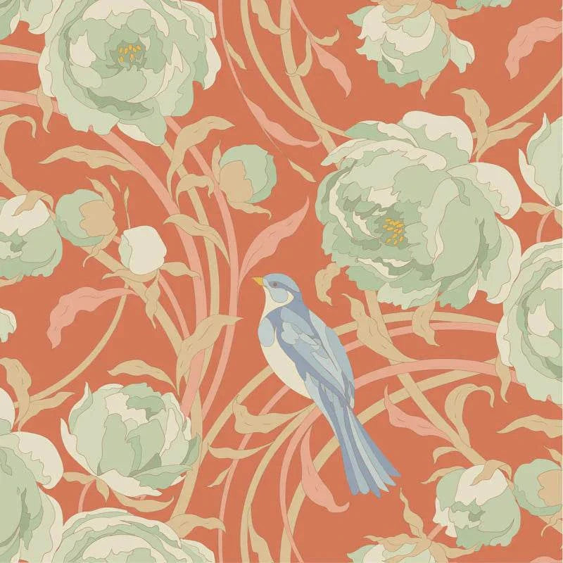 Songbird Cora in Coral fabric with floral and blue bird pattern on coral background by TILDA