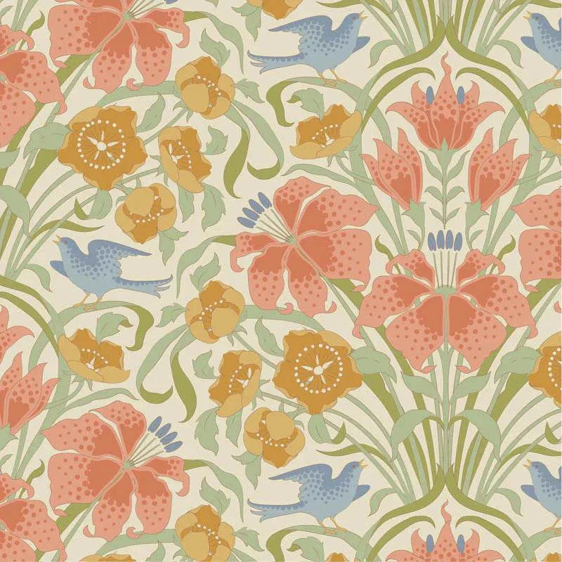 Songbird in Coral fabric by TILDA featuring floral and bird pattern inspired by Art Nouveau style