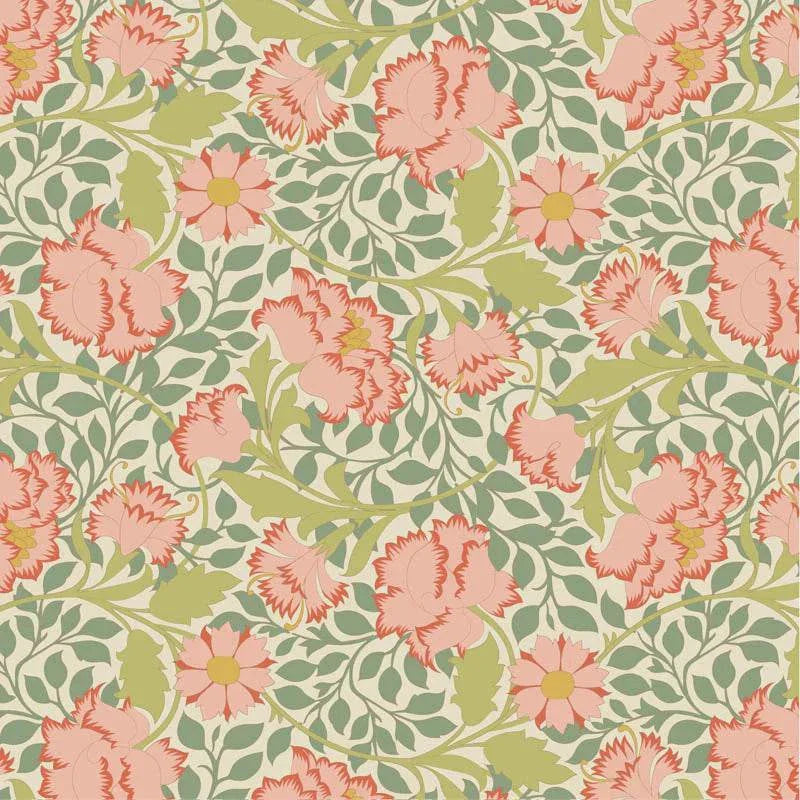 Songbird Flora in Sage fabric by TILDA with floral and leafy Art Nouveau design in soft green and pink tones
