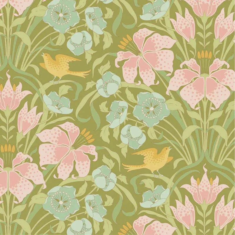 Songbird in Green fabric by TILDA featuring pastel floral and bird pattern on olive background