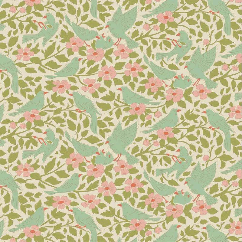 PRE-ORDER Songbird Ava fabric by TILDA with green birds and pink flowers pattern sold by half yard