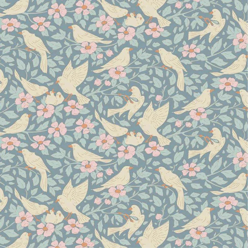 Songbird Ava in Blue fabric by TILDA with birds and pink flowers on blue background