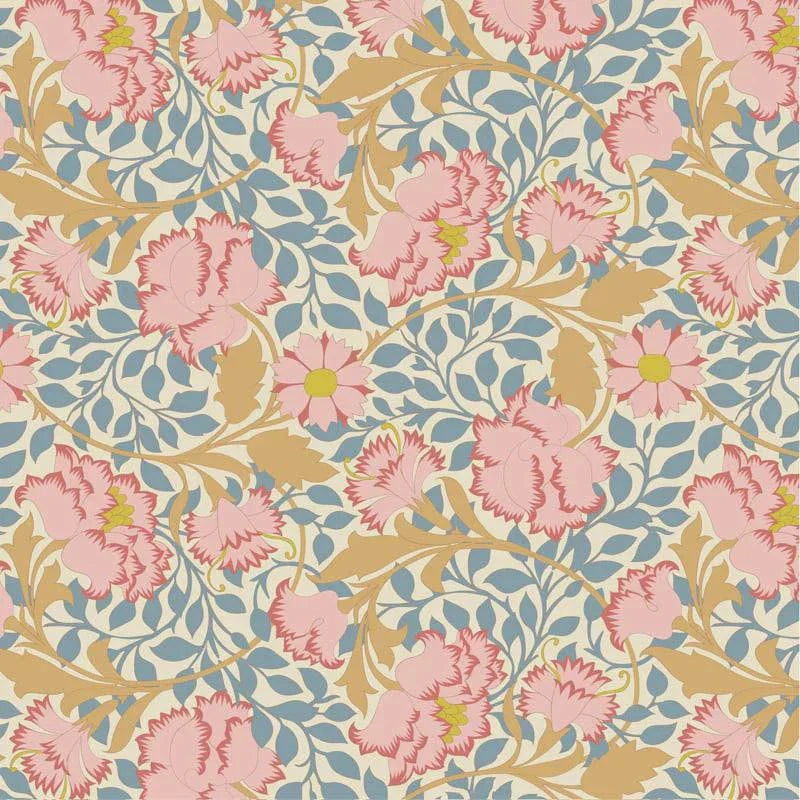Songbird Flora in Blue fabric by TILDA with pink flowers and blue leaves on beige background
