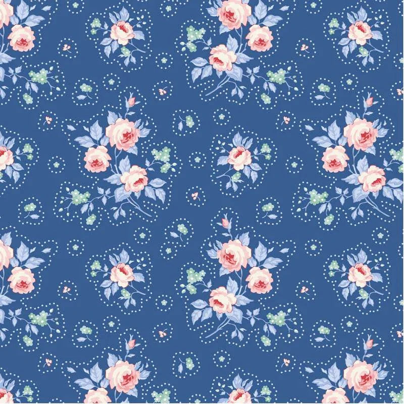 Close-up of Something Blue First Kiss Denim fabric by TILDA in blue and white floral pattern