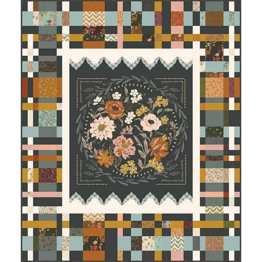 Gleaned Boxed Quilt Kit by Stephanie Sliwinski dark colorway floral and patchwork design 60x71.5 inches