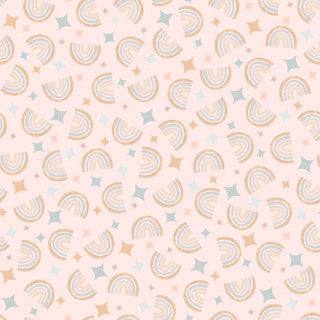 Honey Bunny Rainbows fabric by Maywood Studio in light pink with rainbows, hot air balloons, and clouds for nursery quilts and baby gifts
