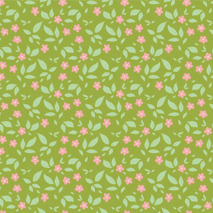 Sunday Brunch by Tilda green fabric with pink floral and leafy pattern, sold in half-yard increments
