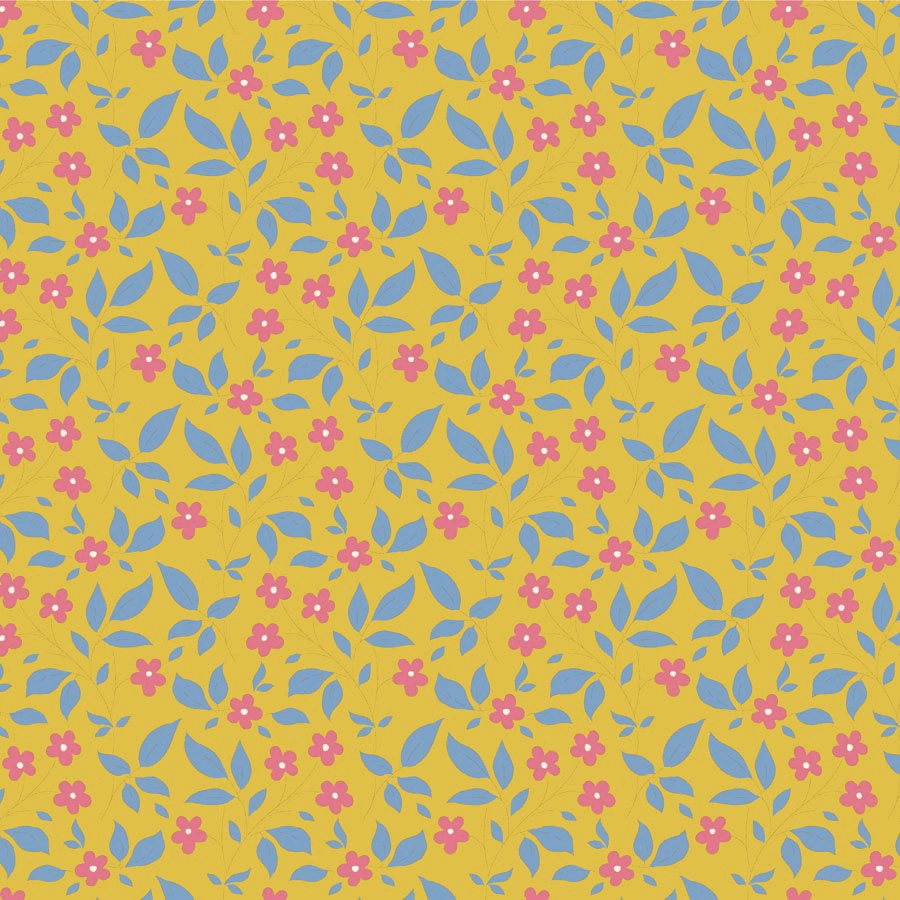 Sunday Brunch by Tilda yellow fabric with pink flowers and blue leaves pattern