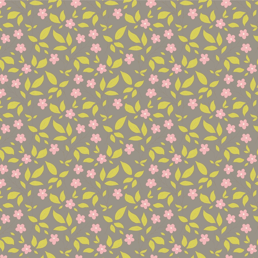 Sunday Brunch by Tilda fabric with pink flowers and yellow leaves on grey background
