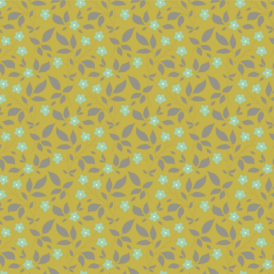Sunday Brunch by Tilda floral fabric with blue flowers and gray leaves on yellow background