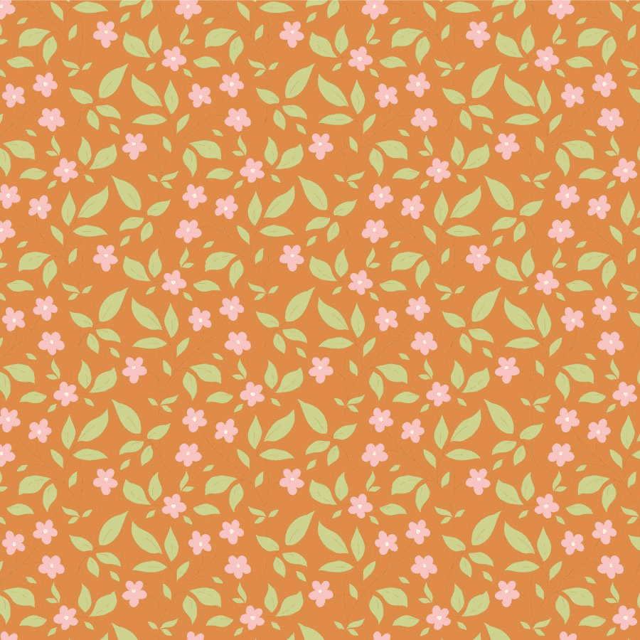 Sunday Brunch by Tilda fabric with orange background, green leaves, and small pink flowers pattern