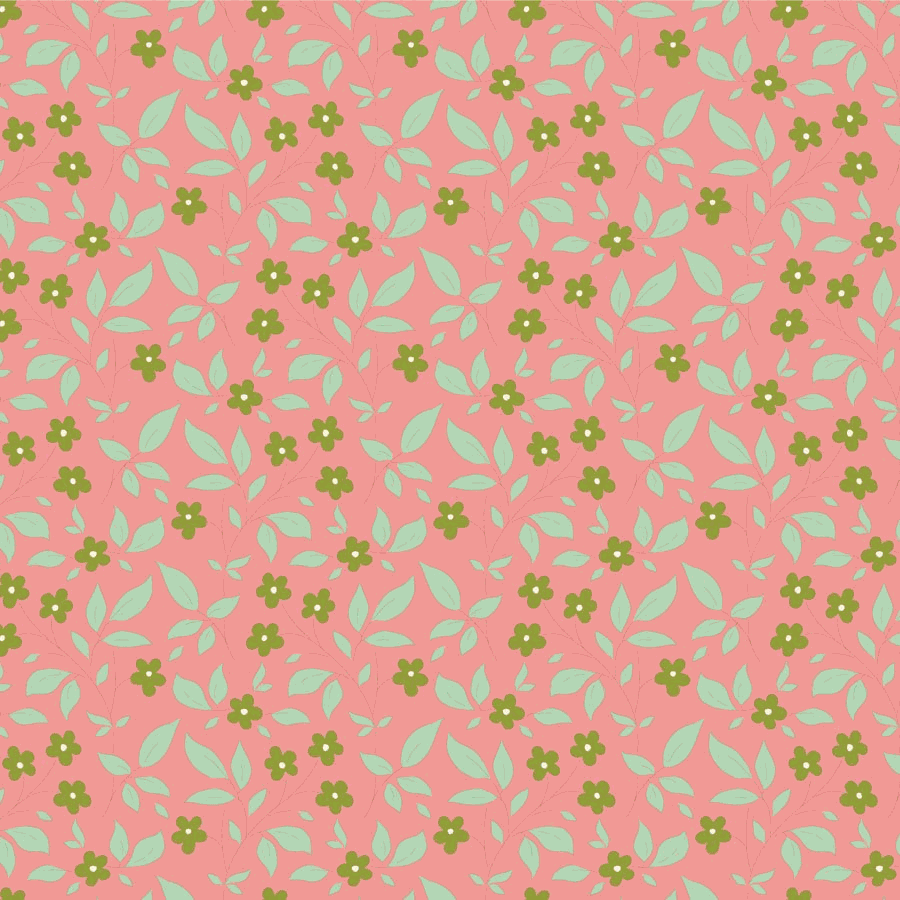 Sunday Brunch by Tilda fabric with pink background and green floral leaf pattern