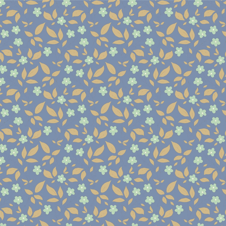Sunday Brunch by Tilda fabric with blue background and beige leaves and light blue flowers pattern