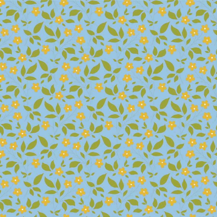Sunday Brunch by Tilda fabric with yellow floral and green leaf pattern on blue background