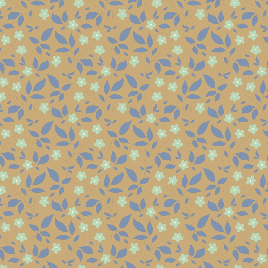 Sunday Brunch by Tilda fabric with blue leaves and cream floral pattern on sand background