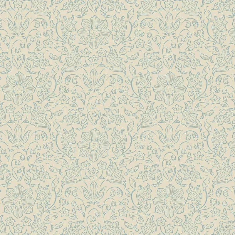 Light blue Songbird Blender fabric with intricate floral and leaf patterns by TILDA