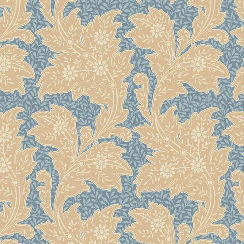 Songbird Blender Stella Blue fabric with ornate beige floral pattern on blue background by TILDA, pre-order fabric sold by half yard