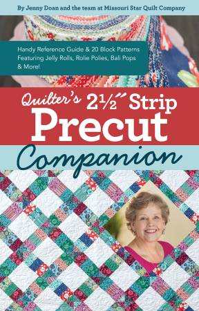 Quilter's 2.5" Strip Precut Companion book cover with quilting patterns and author Jenny Doan smiling