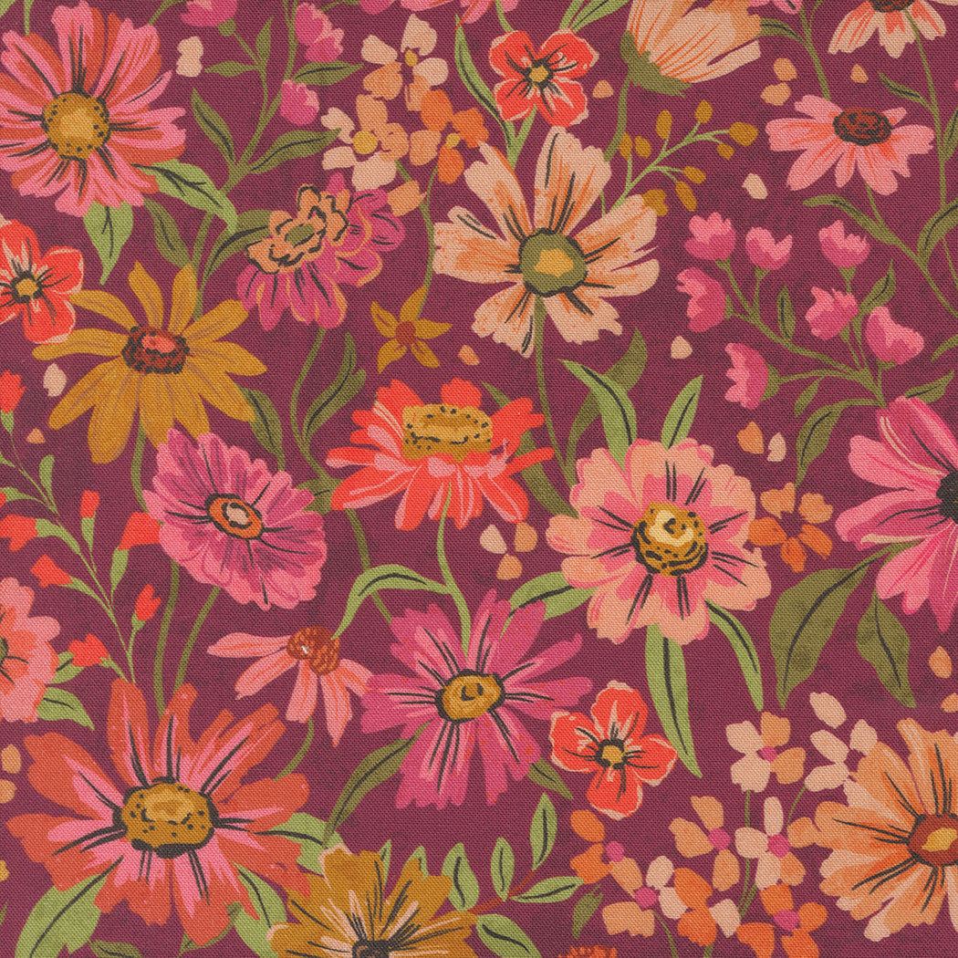 Sagewood by Crystal Manning floral fabric with summerfield rose wine florals and lush foliage pattern