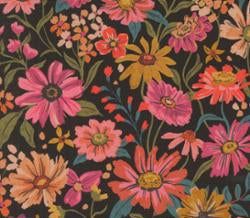 Sagewood by Crystal Manning floral fabric with vibrant pink and orange flowers on dark background
