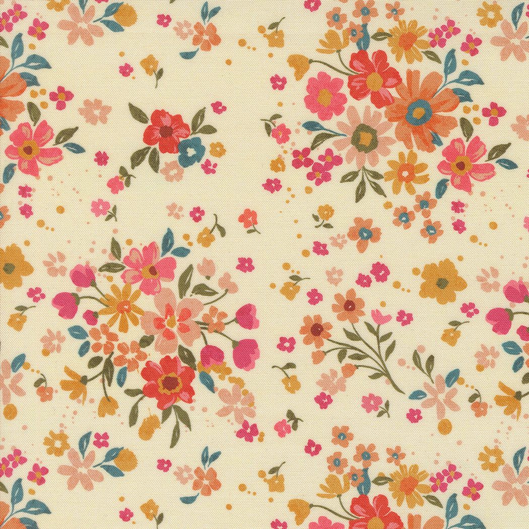 Sagewood by Crystal Manning floral fabric with vibrant blooms on cream background for quilting and décor