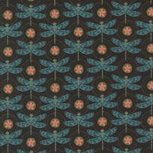 Sagewood by Crystal Manning Moda fabric with blue dragonflies and orange flowers on dark background