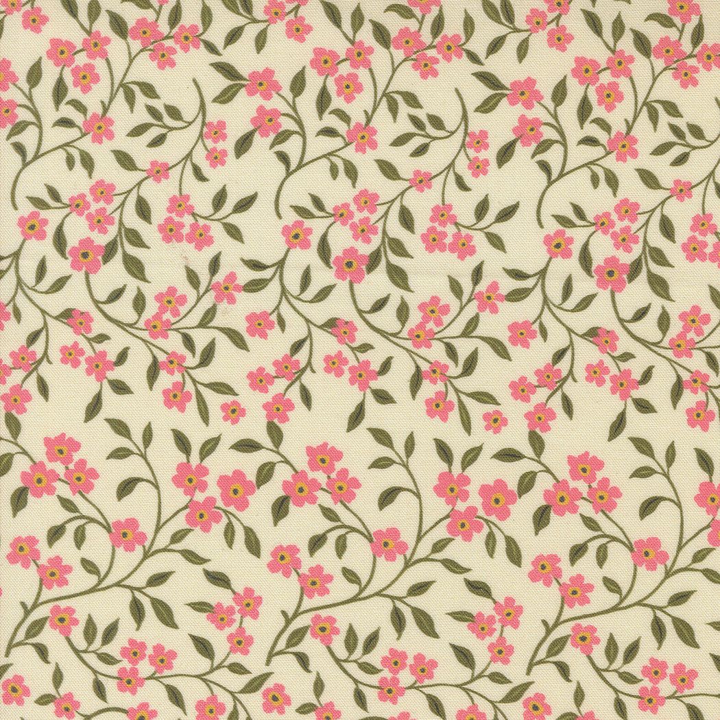 Sagewood by Crystal Manning fabric with small pink floral and green foliage pattern on cream background