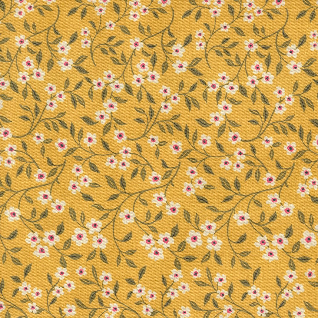 Sagewood by Crystal Manning mustard yellow fabric with small white floral and green leaf pattern