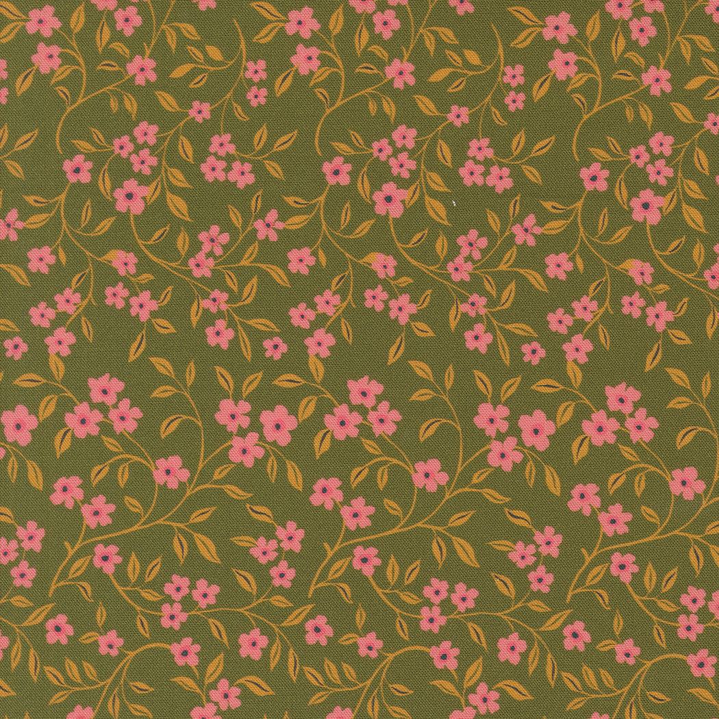 Sagewood by Crystal Manning green fabric with small pink floral and yellow foliage pattern
