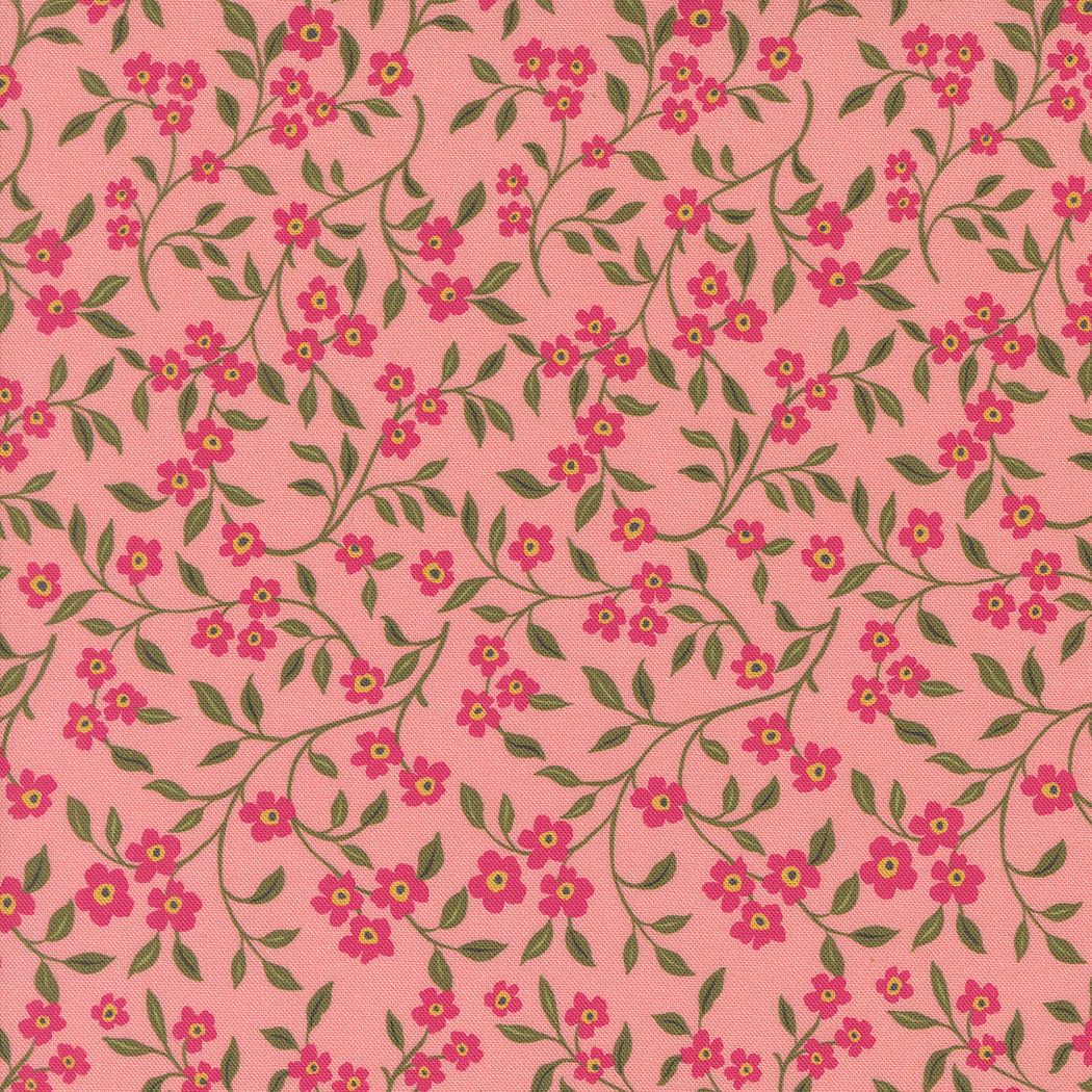 Sagewood by Crystal Manning fabric with small pink dogwood rose floral pattern on coral background