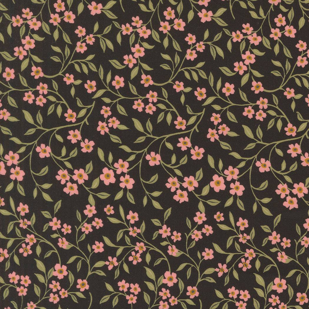 Sagewood by Crystal Manning floral fabric with pink flowers and green leaves on dark background