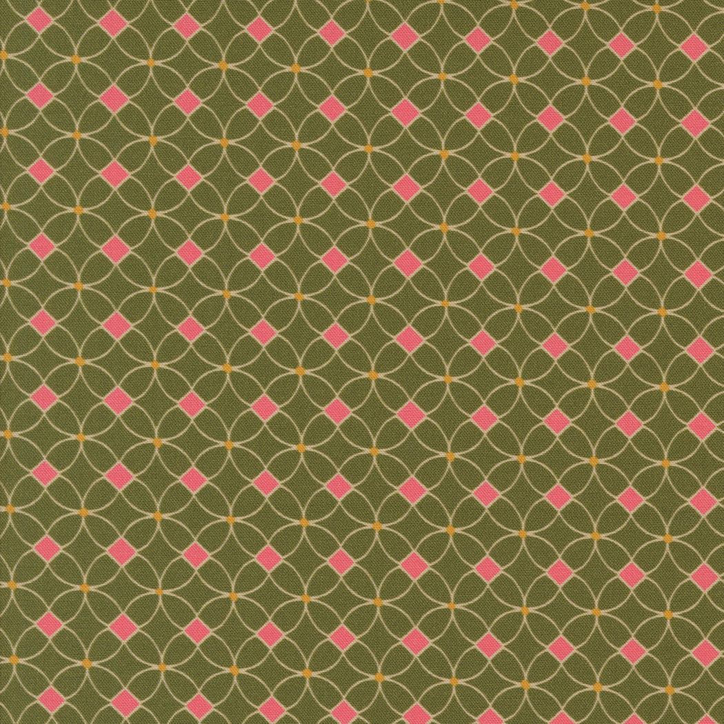 Sagewood by Crystal Manning Isla Avocado Geometrics fabric with green background and pink diamond pattern for quilting and home décor