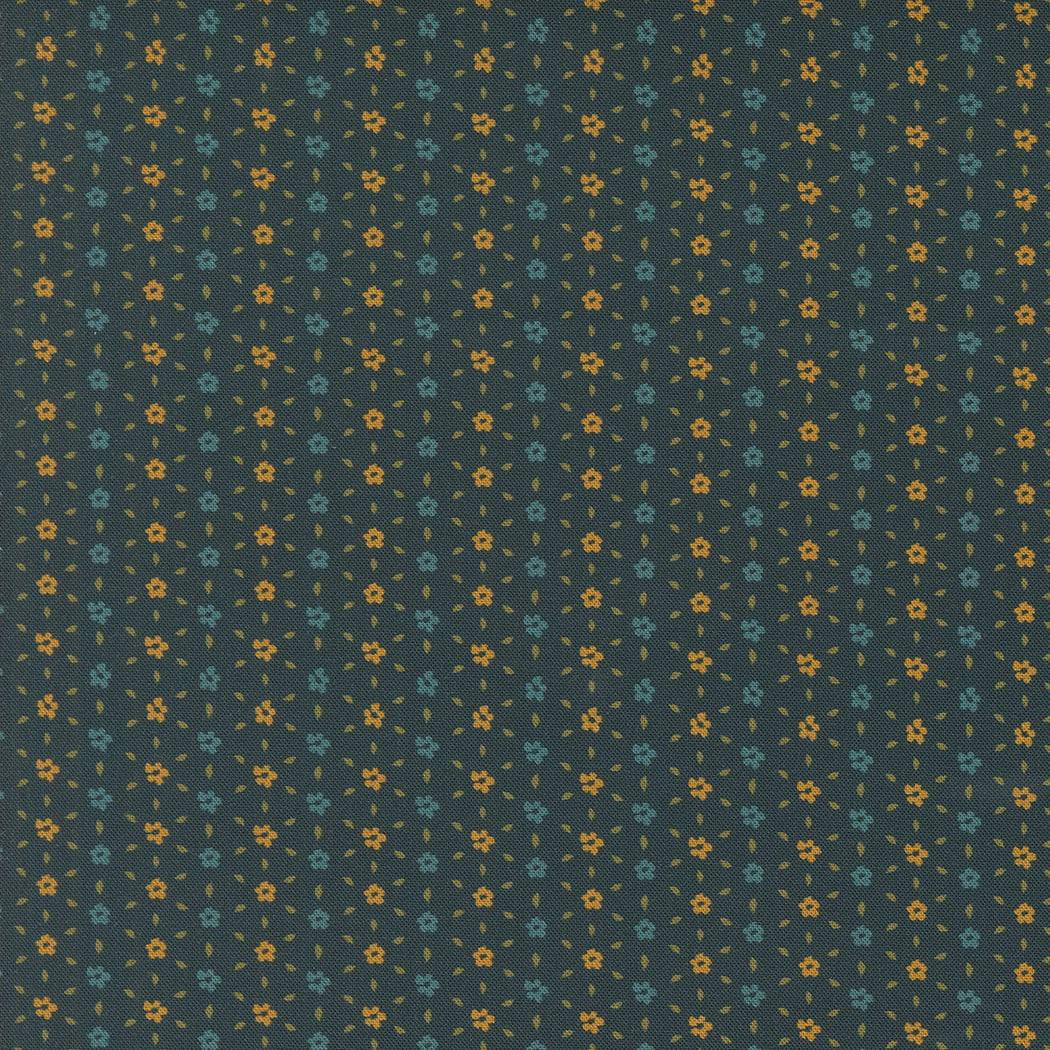 Sagewood by Crystal Manning dark fabric with small orange and blue floral ditsy pattern