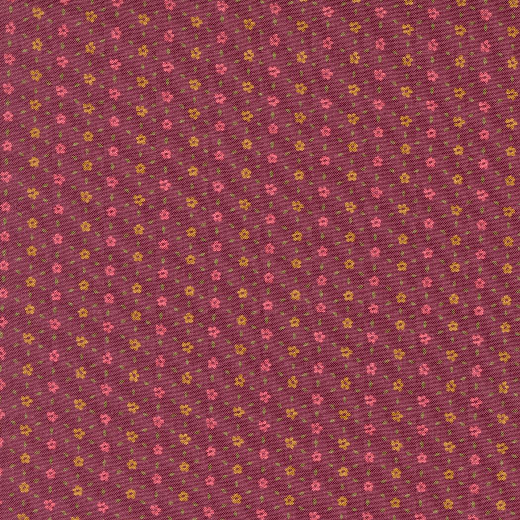 Sagewood by Crystal Manning Seedling Rose Wine Ditsy floral fabric with small pink and green flowers on wine background