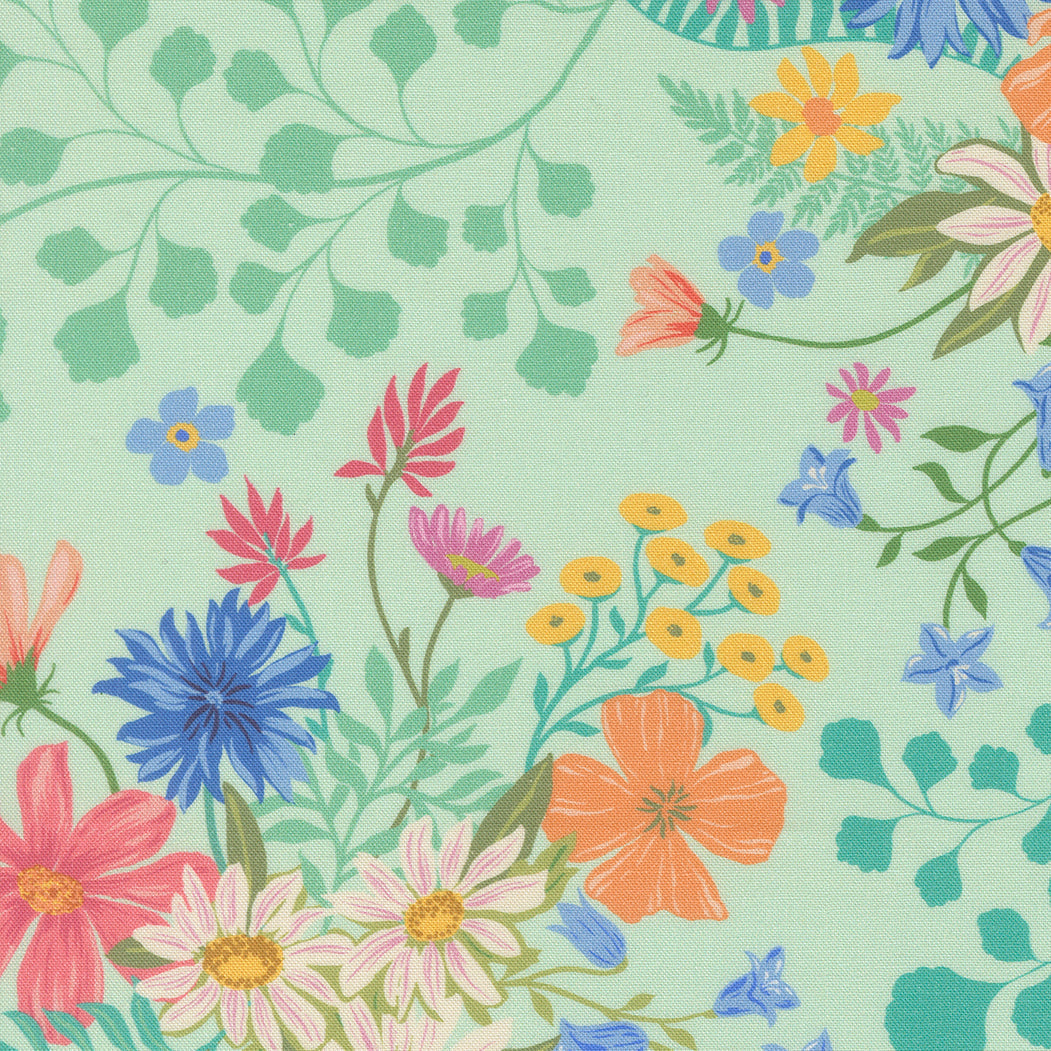 Cannon Beach Misty Meadow Aqua floral fabric by Crystal Manning for Moda Fabrics in soft aqua and coral tones