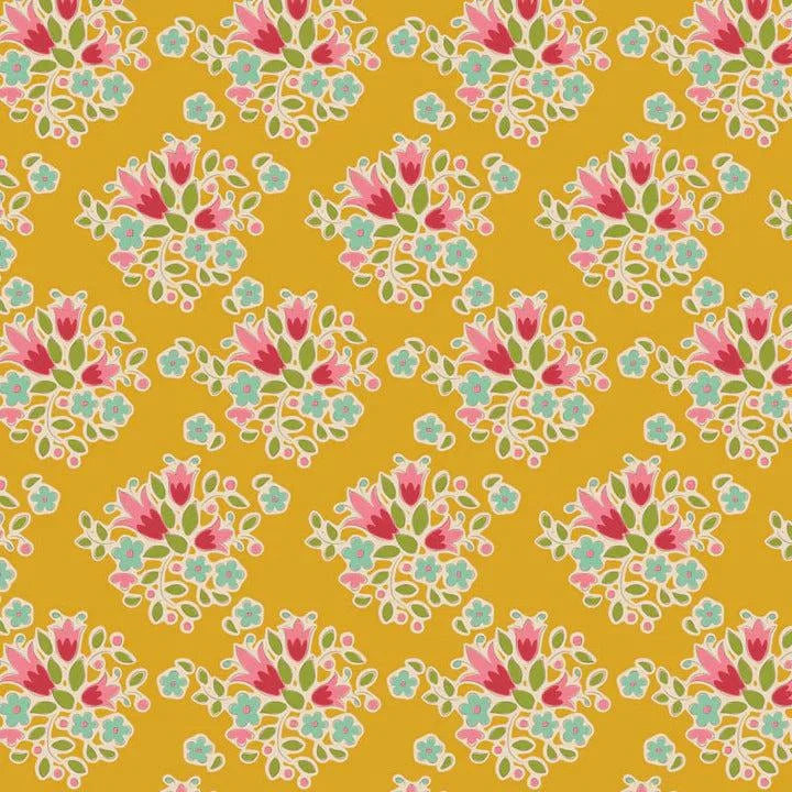 TILDA Creating Memories floral pattern fabric in Lulu Yellow with spring-inspired bouquet design