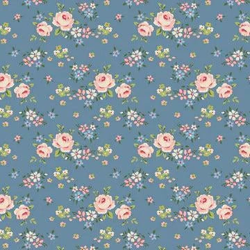 TILDA Creating Memories fabric with pink floral pattern on blue background, sold by half yard