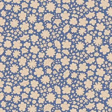 TILDA Creating Memories fabric with beige floral pattern on blue background sold by half yard