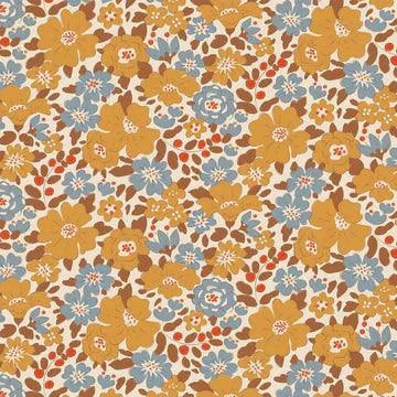 TILDA Creating Memories Harper Saffron fabric with seasonal floral pattern in blue and mustard tones