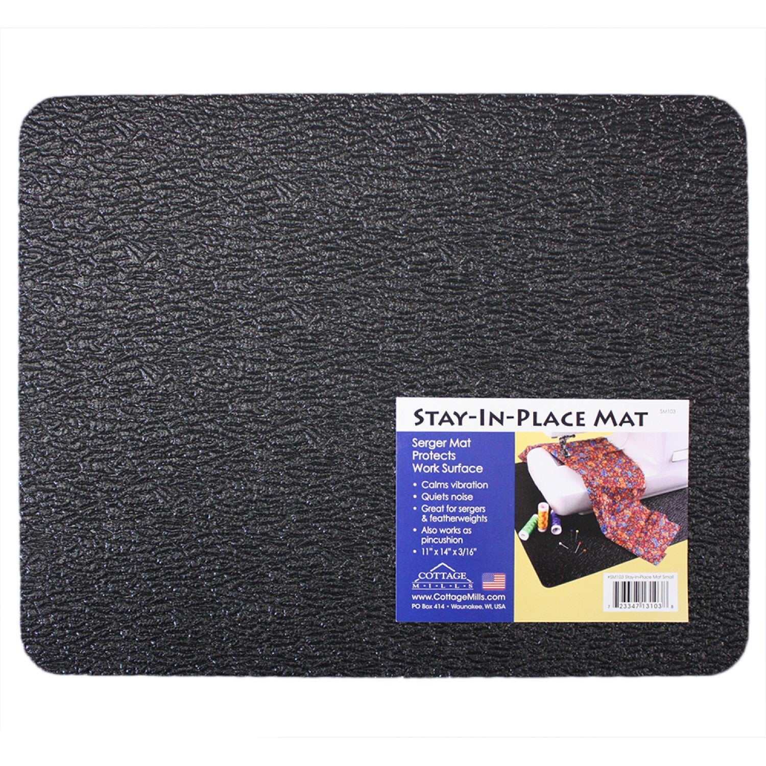 Stay-In-Place Machine Mat 11x14in black vibration-dampening sewing mat with pincushion function